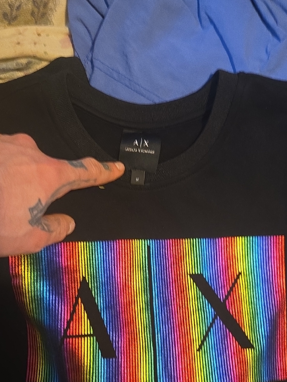 Armani Exchange Black Tee with Rainbow Striped AX Graphic